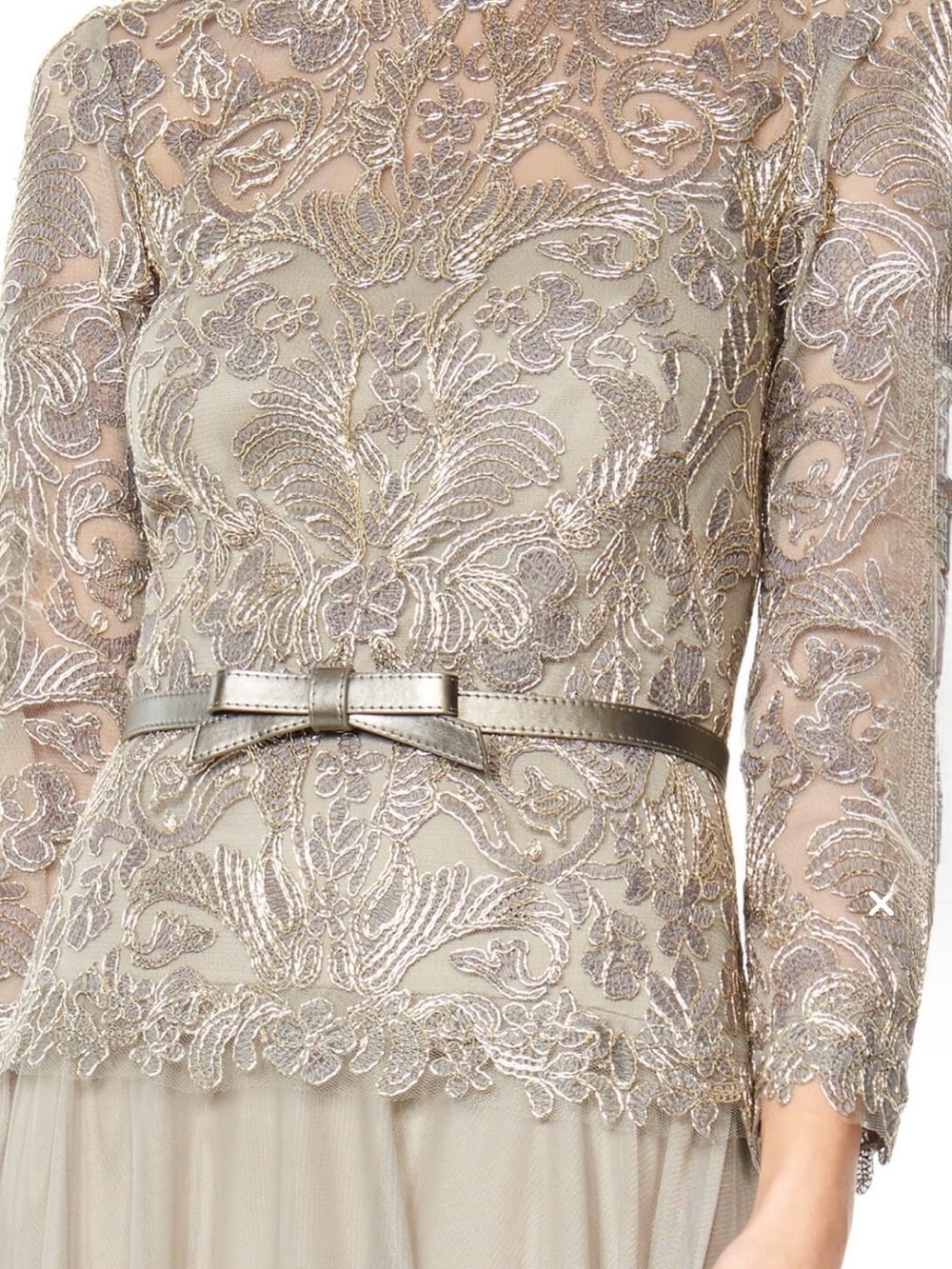 Tadashi Shoji Long Dress Women’s 6 Lace 3/4 Sleeves Belted Taupe Gold Modest NWT - Picture 3 of 14